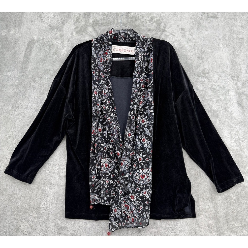 Componix Cardigan Womens Size M Velvet Attached Floral Scarf Stretch Whimsigoth